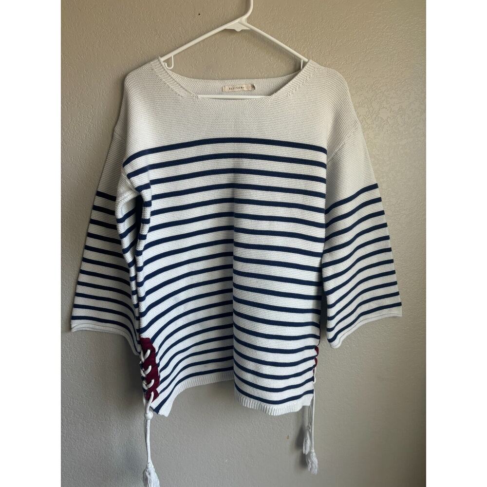 Ellison Womens Knit Sweater Large Blue Striped Classic Casual Flare Sleeve Cotto